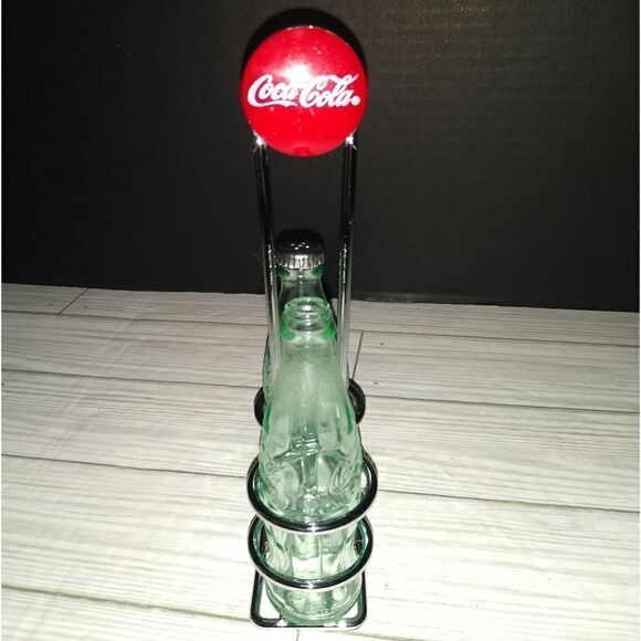 Vintage Glass Coca Cola Salt & Pepper Shakers Set With Metal Holder Made Taiwan - Picture 3 of 9